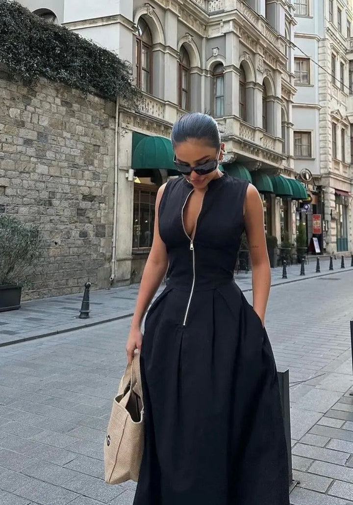 Sleeveless Tailored Wide-Leg Jumpsuit with Deep V-Zip Front
