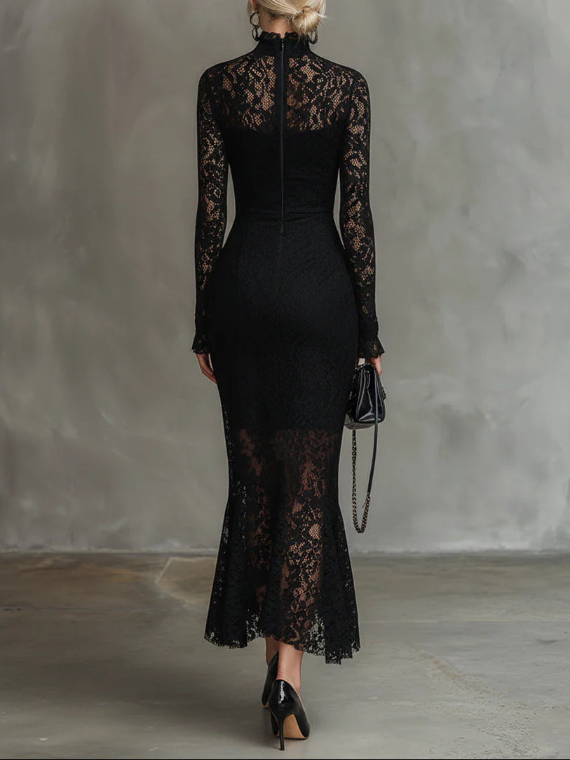 Elwira | Elegant Black Maxi Dress with Lace