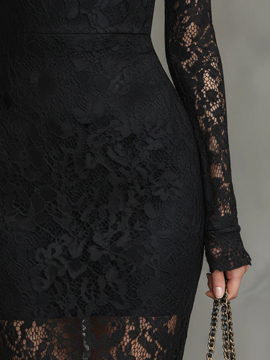 Elwira | Elegant Black Maxi Dress with Lace