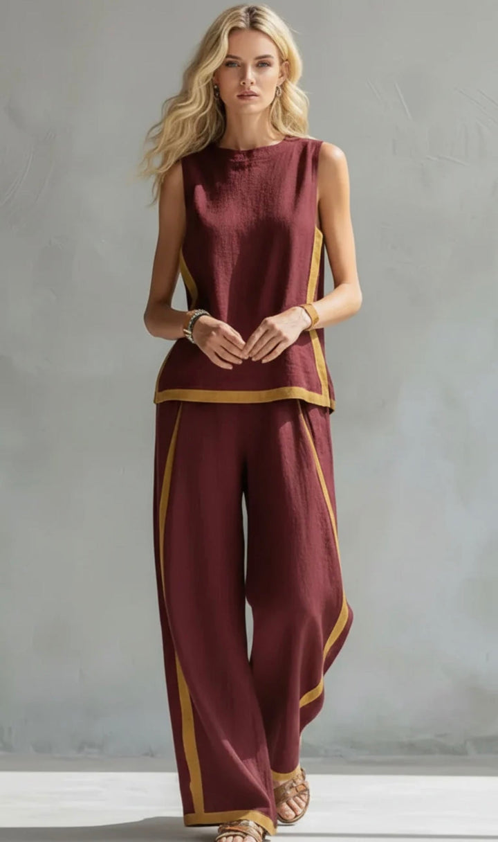 Leila - Elegant and casual vest and pants set in gray cotton and linen with two-tone edges.