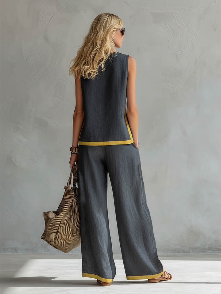 Leila - Elegant and casual vest and pants set in gray cotton and linen with two-tone edges.