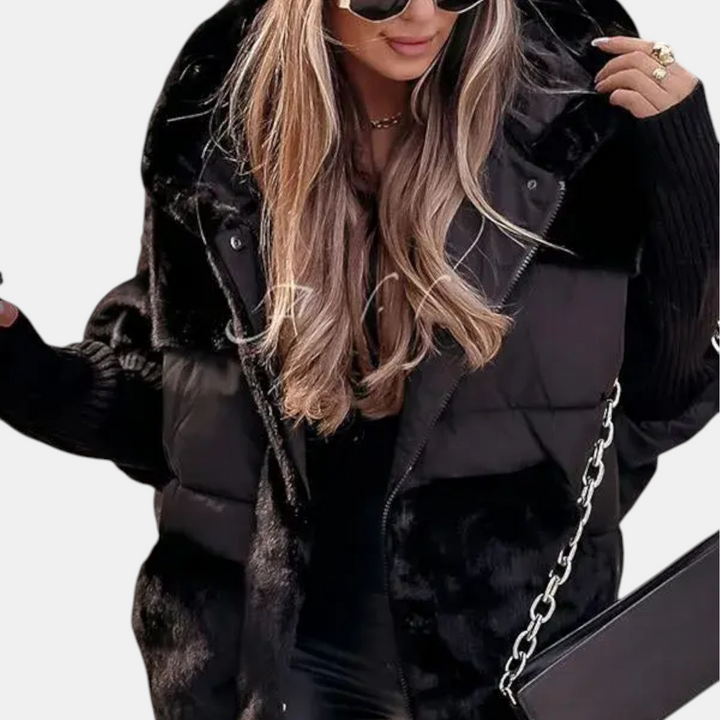 Oversized Puffer Jacket with Hood in Patchwork Style