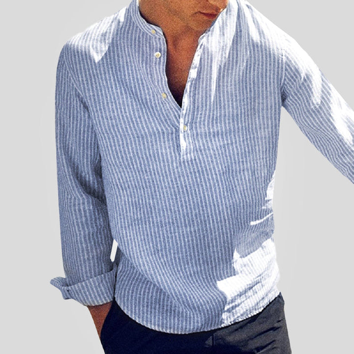 Light Casual Shirt with Striped Pattern and Stand-Up Collar