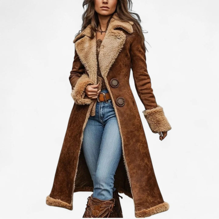 Women's coat | long double-breasted with fur collar
