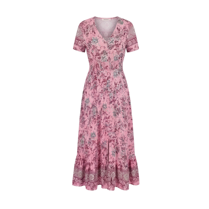Women's Maxi Floral Dress with V-Neck and Short Sleeves