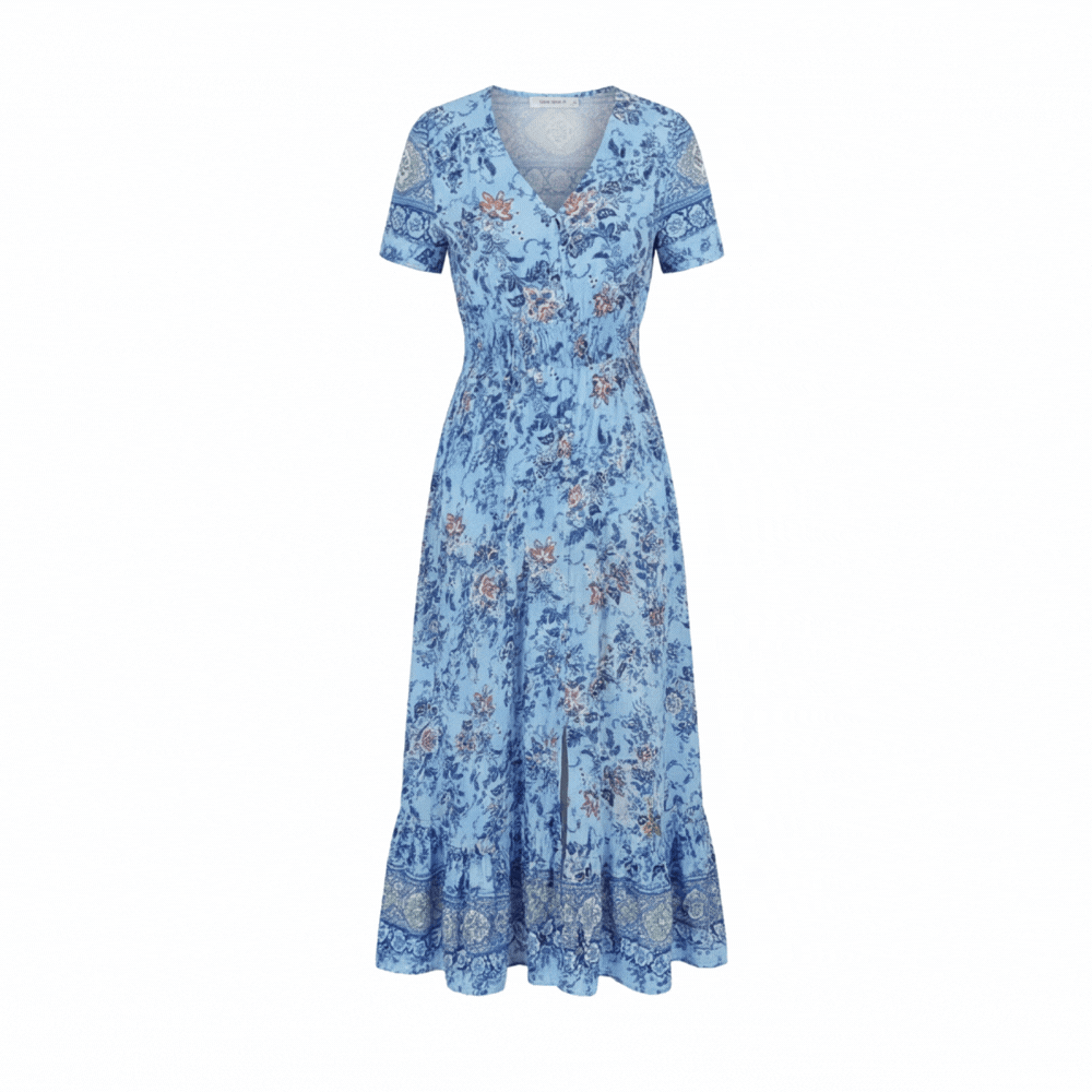 Women's Maxi Floral Dress with V-Neck and Short Sleeves