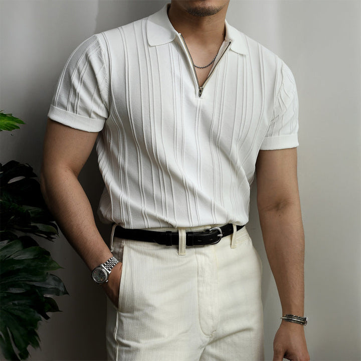 Men’s Ribbed Knit Polo Shirt with Zip Collar