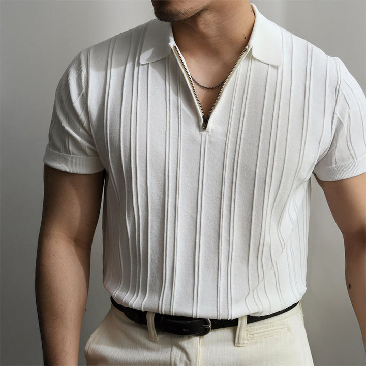 Men’s Ribbed Knit Polo Shirt with Zip Collar