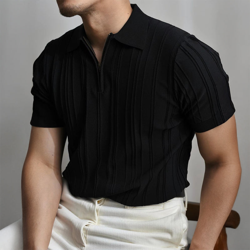 Men’s Ribbed Knit Polo Shirt with Zip Collar