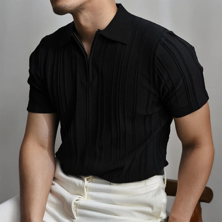 Men’s Ribbed Knit Polo Shirt with Zip Collar