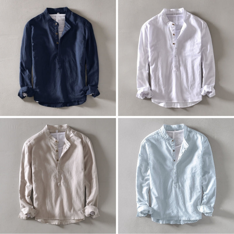 Men’s Casual Linen Henley Shirt with Long Sleeves