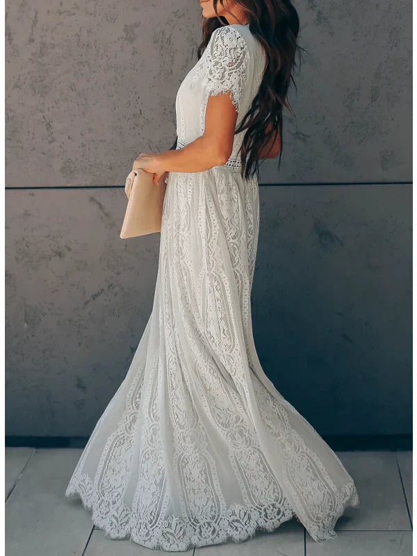 Women's White Lace Maxi Dress - V-Neck Short Sleeve Boho Floral Panel Wedding Guest