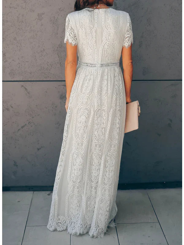 Women's White Lace Maxi Dress - V-Neck Short Sleeve Boho Floral Panel Wedding Guest