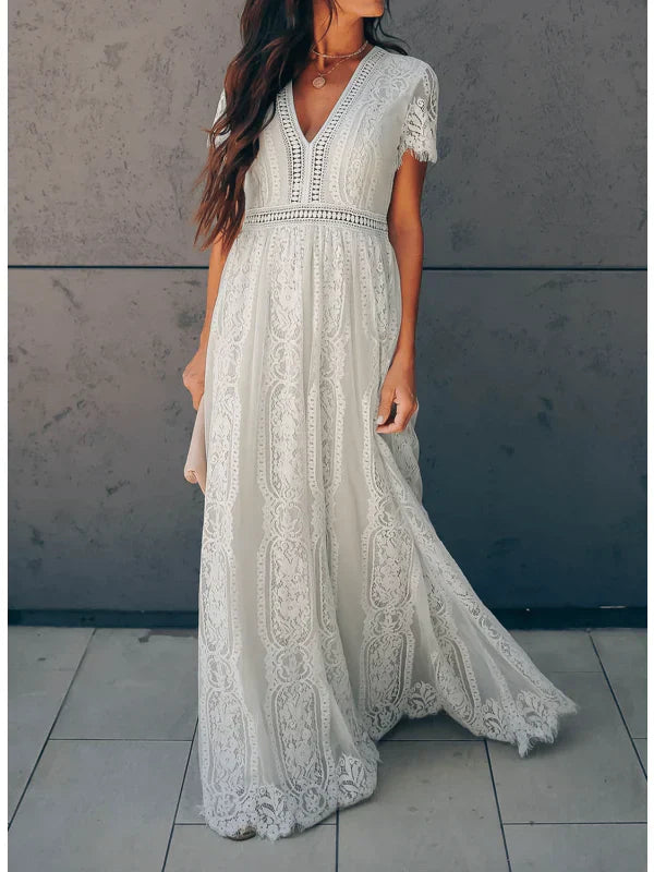 Women's White Lace Maxi Dress - V-Neck Short Sleeve Boho Floral Panel Wedding Guest