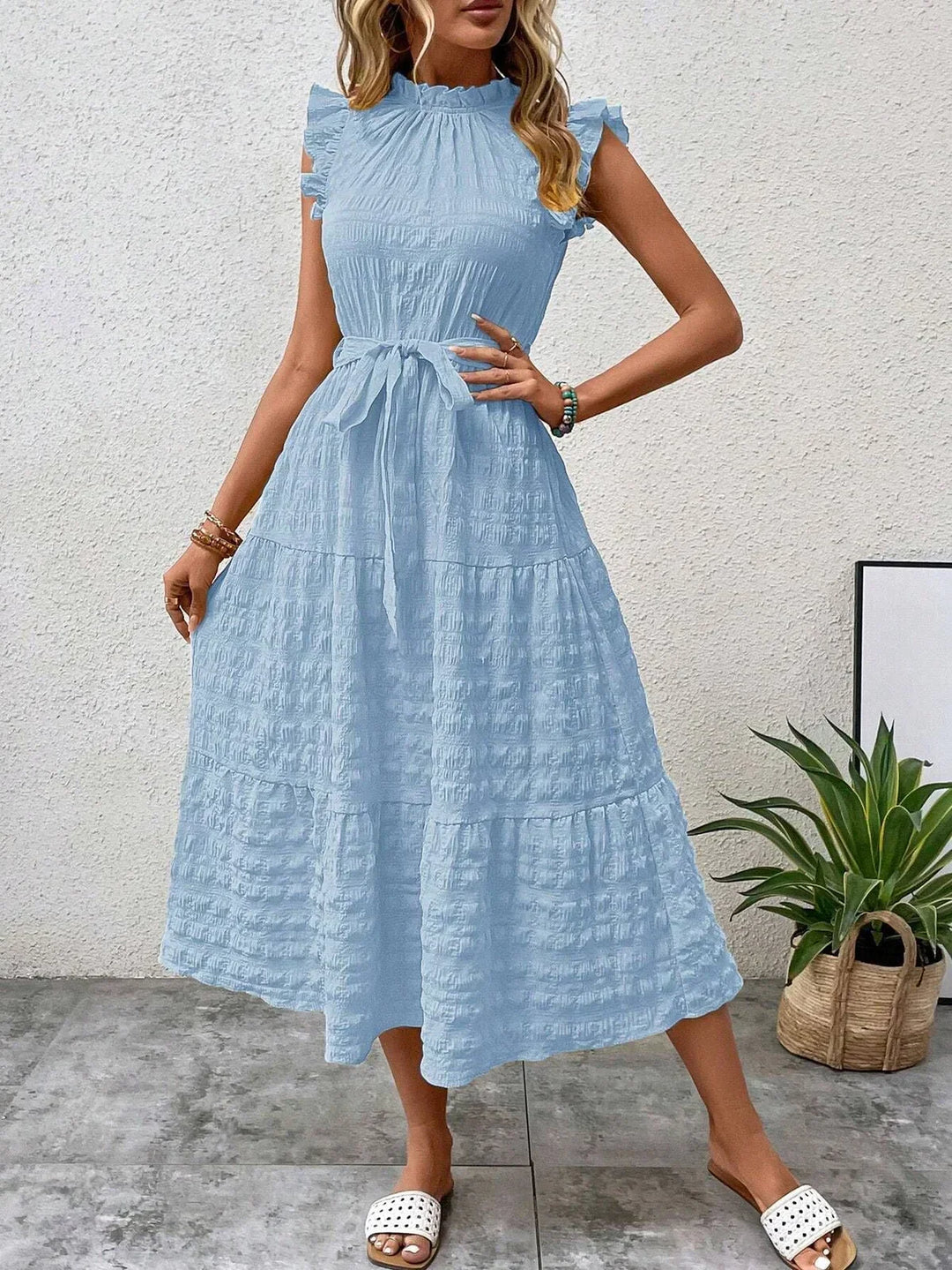 Women’s Sleeveless Midi Dress with Ruffle Details and Waist Tie