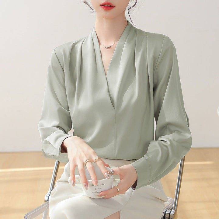 Women's Satin Blouse - V-Neck Pleated Long Sleeve Button Cuff Drape Top