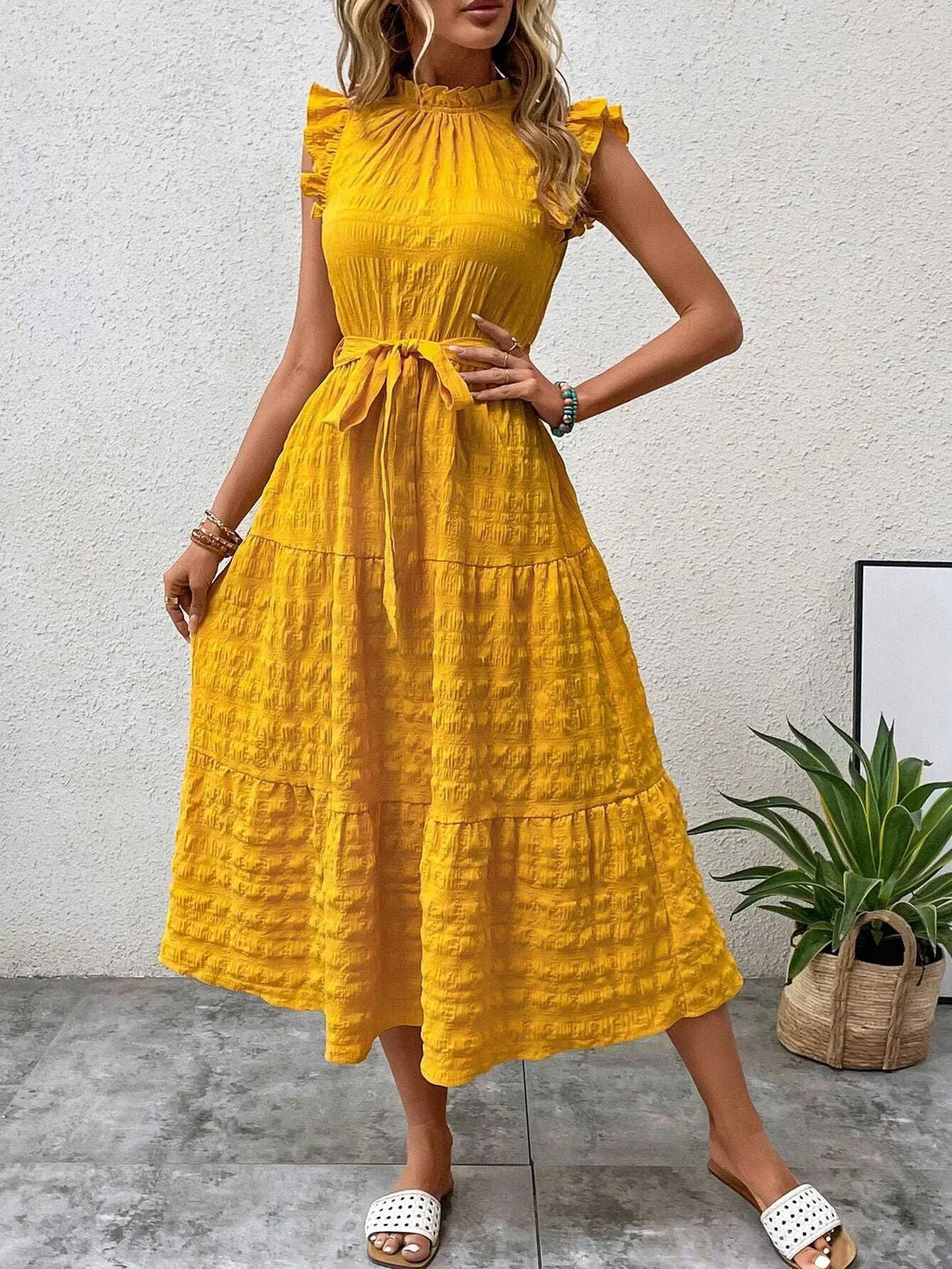 Women’s Sleeveless Midi Dress with Ruffle Details and Waist Tie