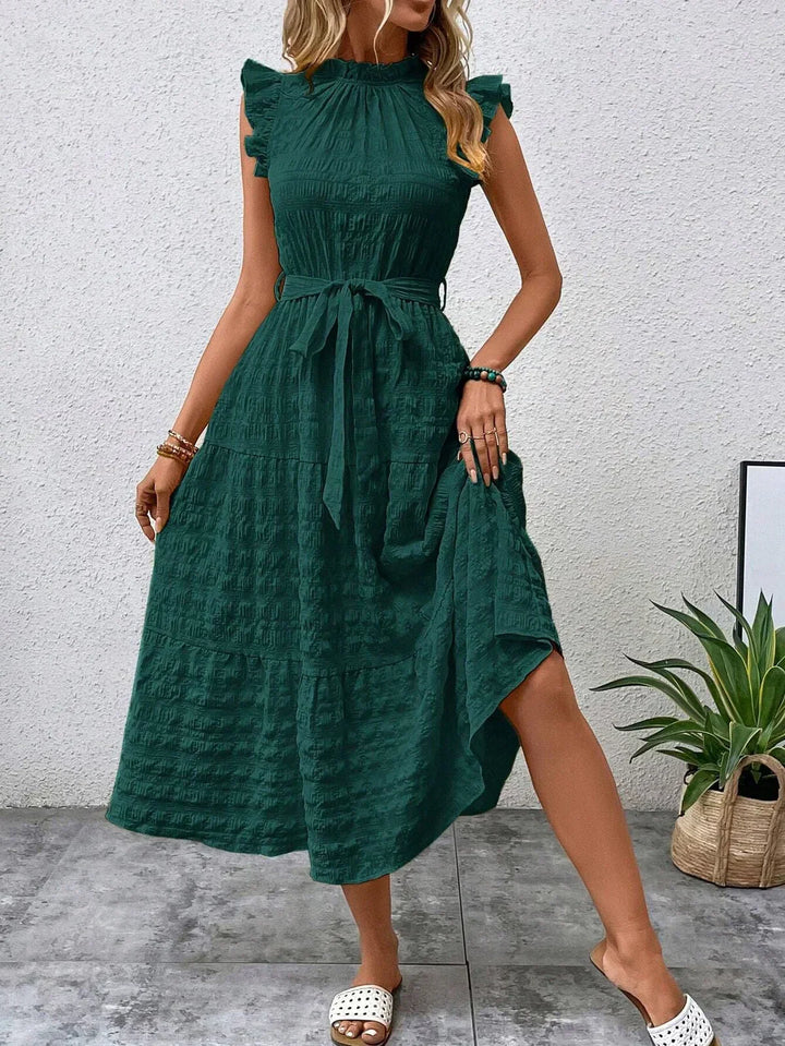 Women’s Sleeveless Midi Dress with Ruffle Details and Waist Tie