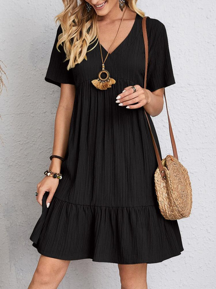 Women’s Relaxed V-Neck Short Sleeve Dress with Ruffle Hem