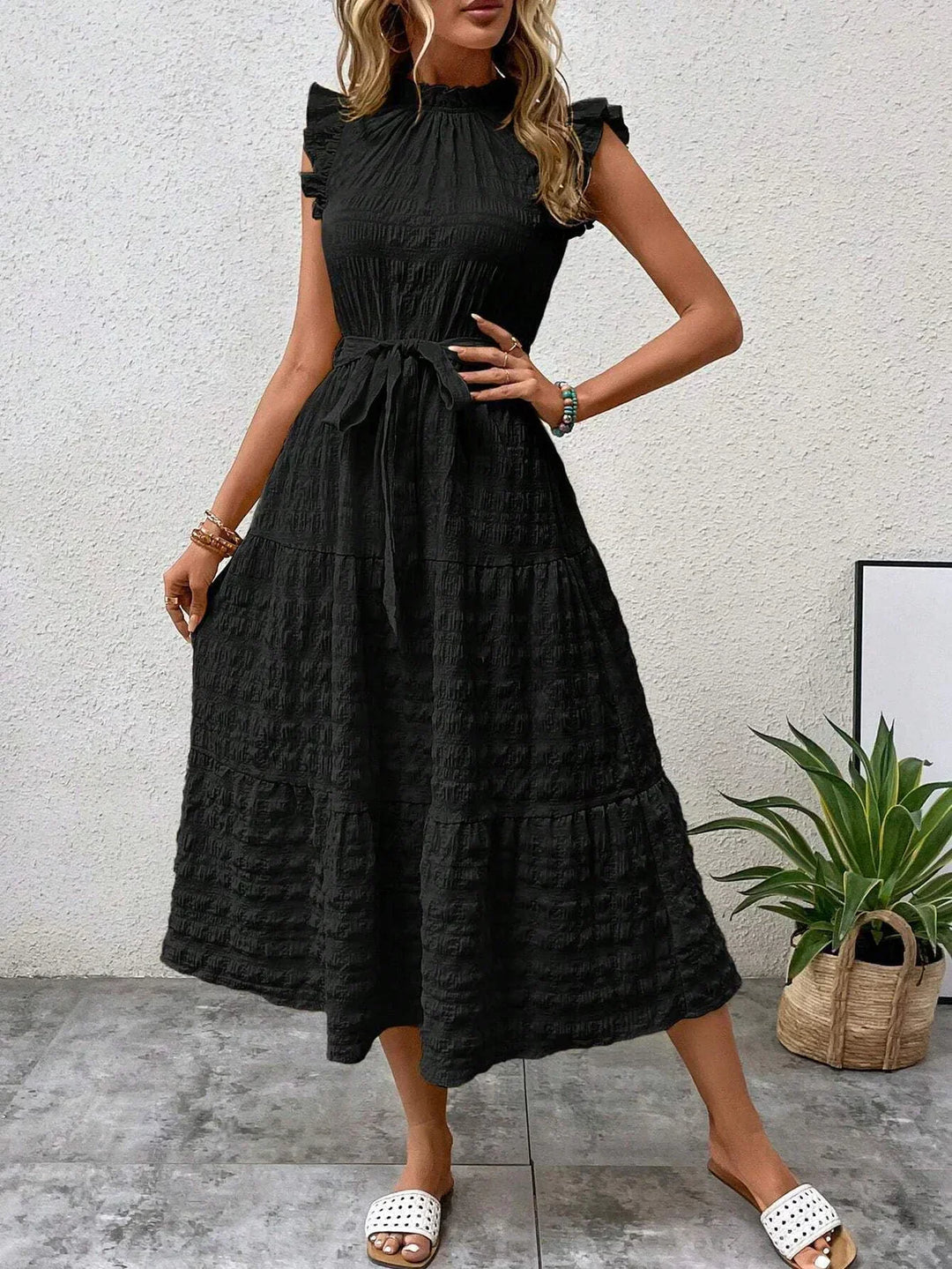 Women’s Sleeveless Midi Dress with Ruffle Details and Waist Tie