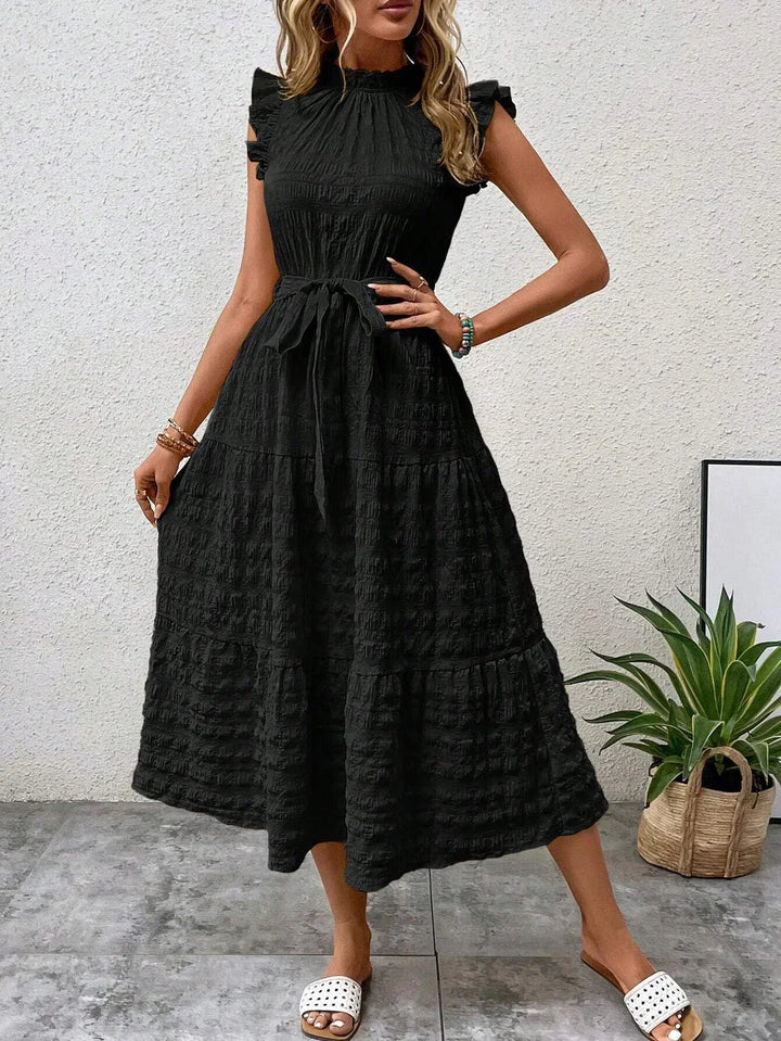 Women’s Sleeveless Midi Dress with Ruffle Details and Waist Tie