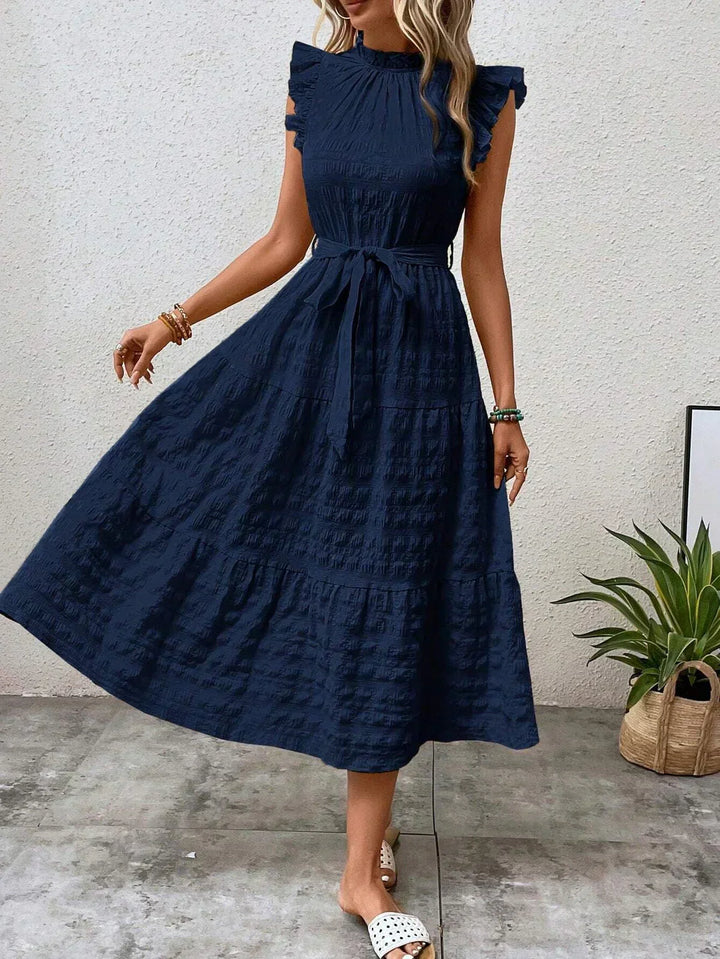 Women’s Sleeveless Midi Dress with Ruffle Details and Waist Tie