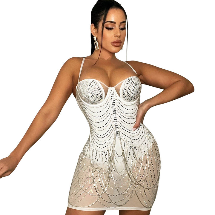 Celeste | Rhinestone-Embellished Mesh Mini Dress – Sparkling Glamour for Unforgettable Nights