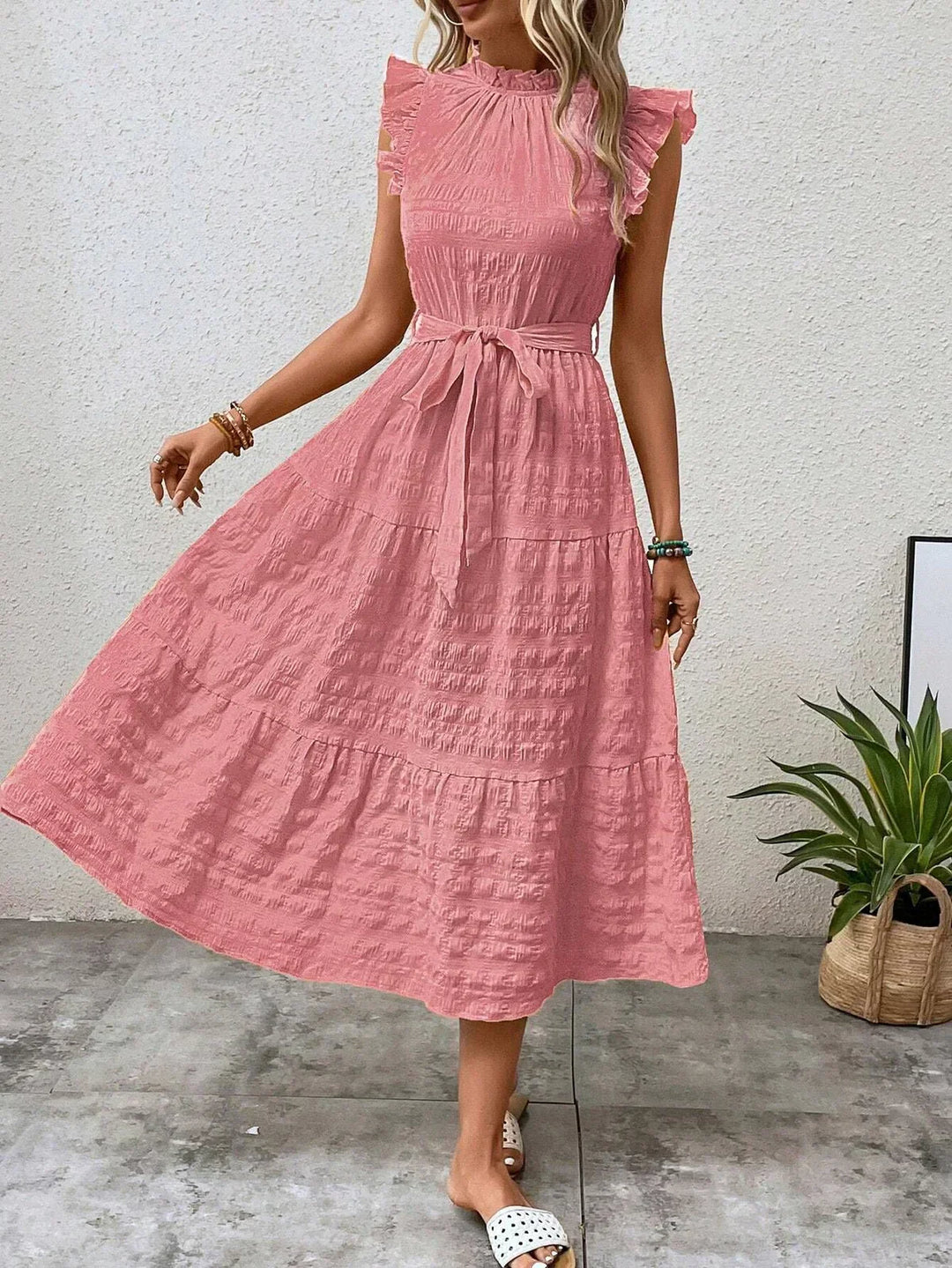 Women’s Sleeveless Midi Dress with Ruffle Details and Waist Tie