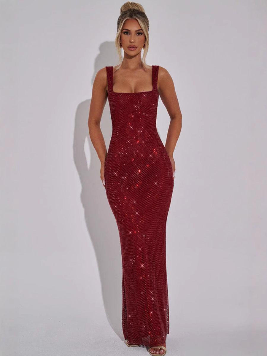 Eaksone - Maxi Dress with Sequins and Square Neckline