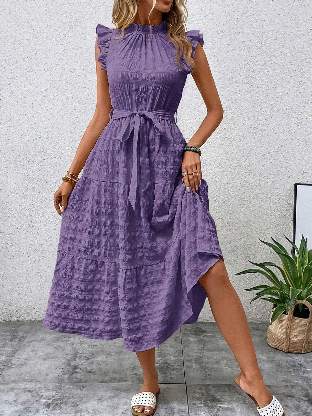 Women’s Sleeveless Midi Dress with Ruffle Details and Waist Tie