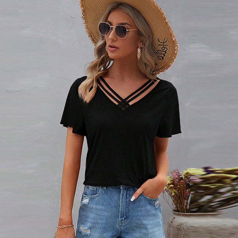 Women’s V-Neck Top with Decorative Strap Detail