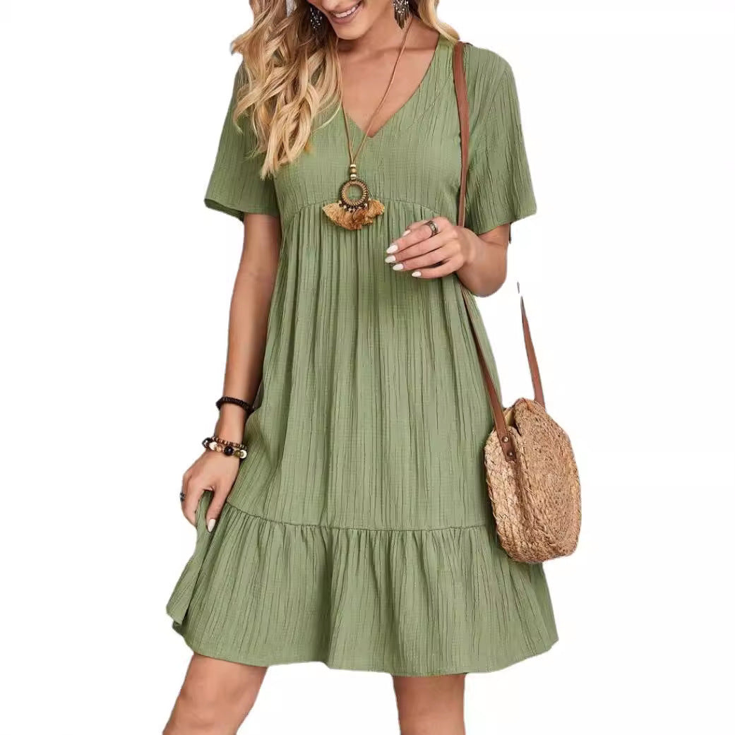 Women’s Relaxed V-Neck Short Sleeve Dress with Ruffle Hem