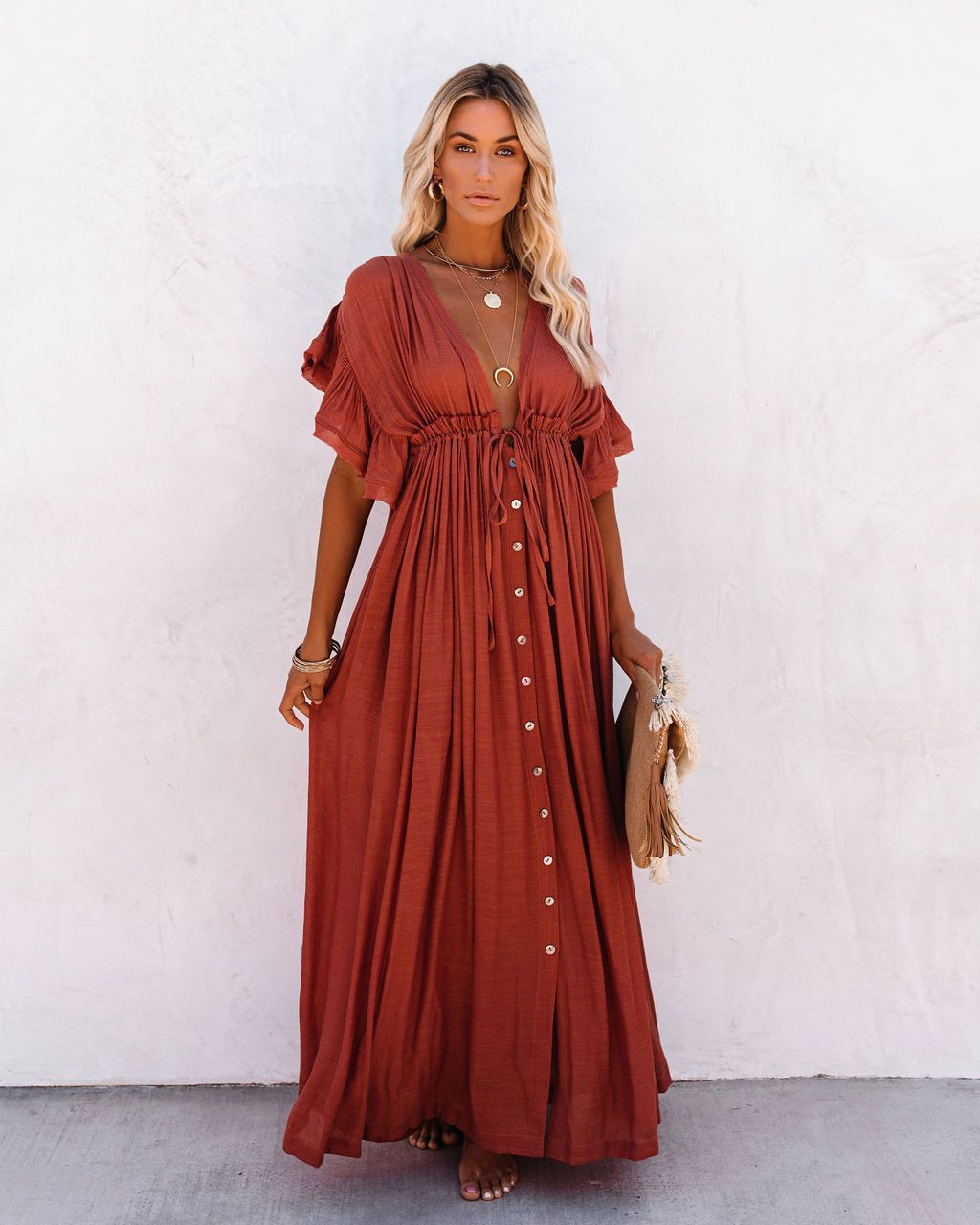 Rose | Women’s Summer Boho Button Front Maxi Dress