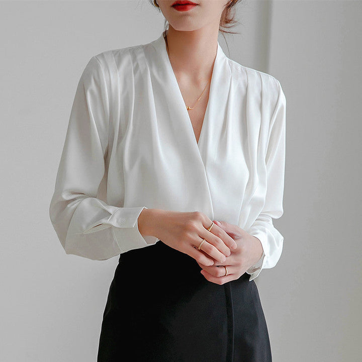Women's Satin Blouse - V-Neck Pleated Long Sleeve Button Cuff Drape Top