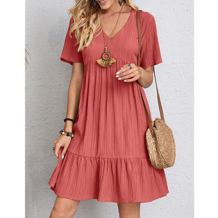 Women’s Relaxed V-Neck Short Sleeve Dress with Ruffle Hem