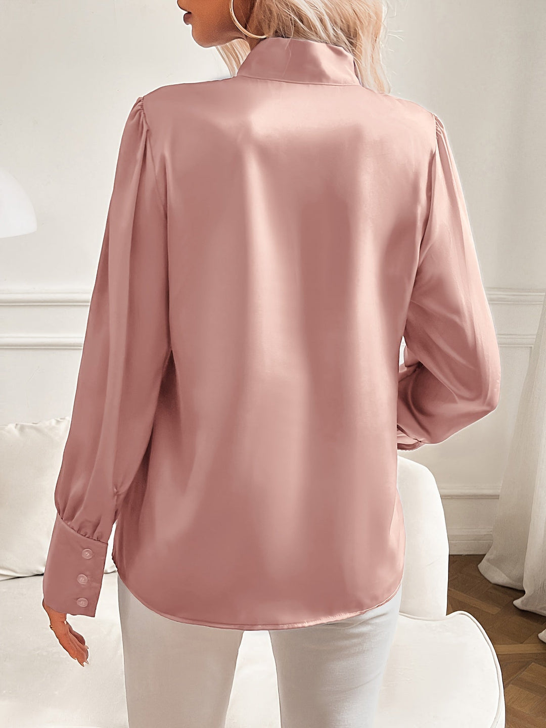 Women's Satin Blouse - Long Sleeve Bow Tie Neck Puff Sleeve Button Cuff Top