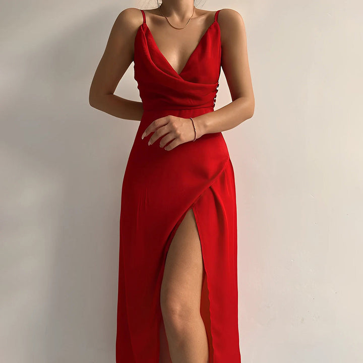 Women’s Elegant V-Neck Maxi Dress with Spaghetti Straps