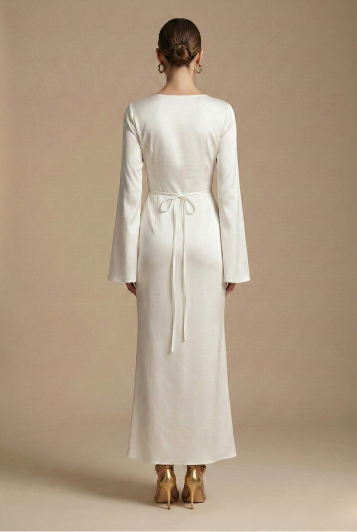 Women's Maxi Dress - Boat Neck - Flared Sleeve - Tie Back