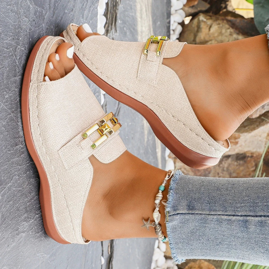 Women’s Slip-On Comfort Wedge Sandals with Decorative Detail