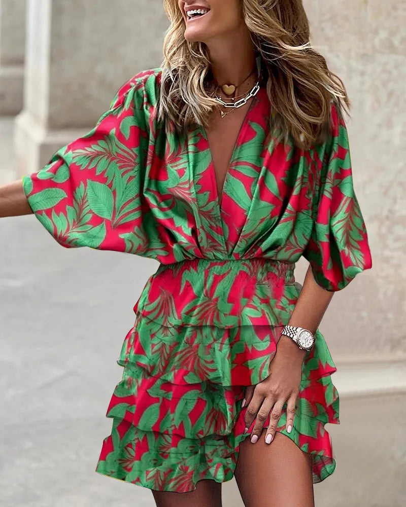 Sarah | Women’s Boho Printed Ruffle Mini Dress