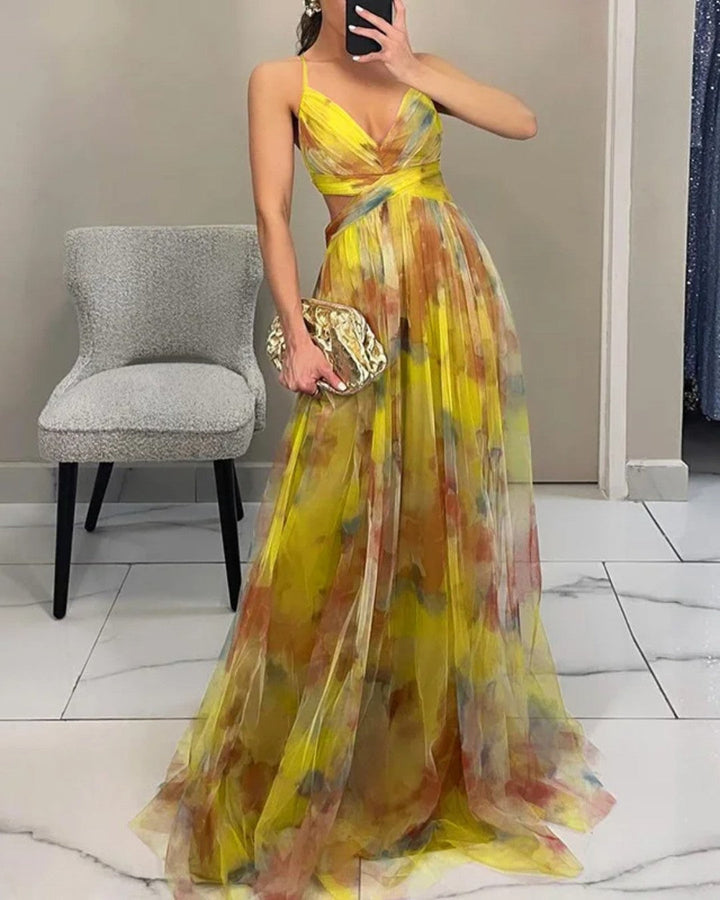 Boho Watercolor Maxi Dress with V-Neck