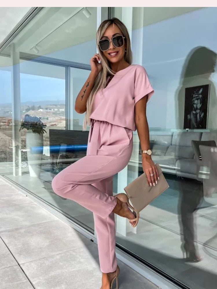 Women’s Elegant Two-Piece Set with Short Sleeve Top and Belted Pants