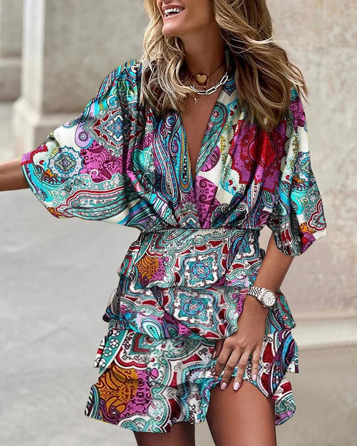 Sarah | Women’s Boho Printed Ruffle Mini Dress