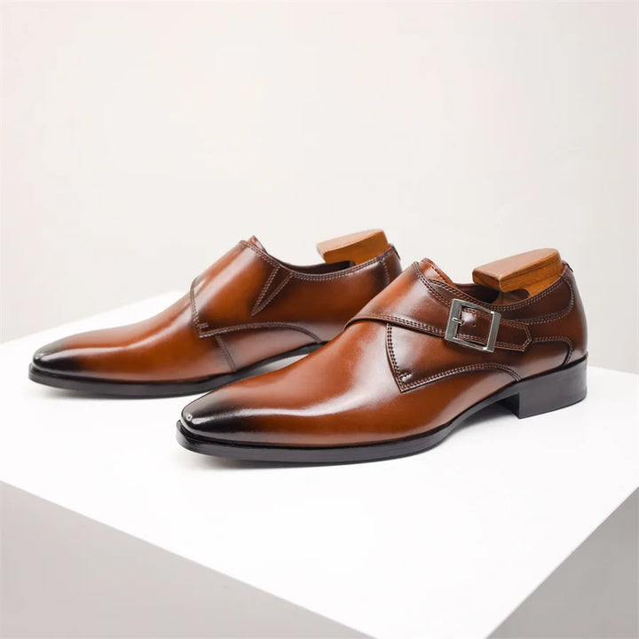 Men's Leather Monk Strap Shoes with Buckle Closure
