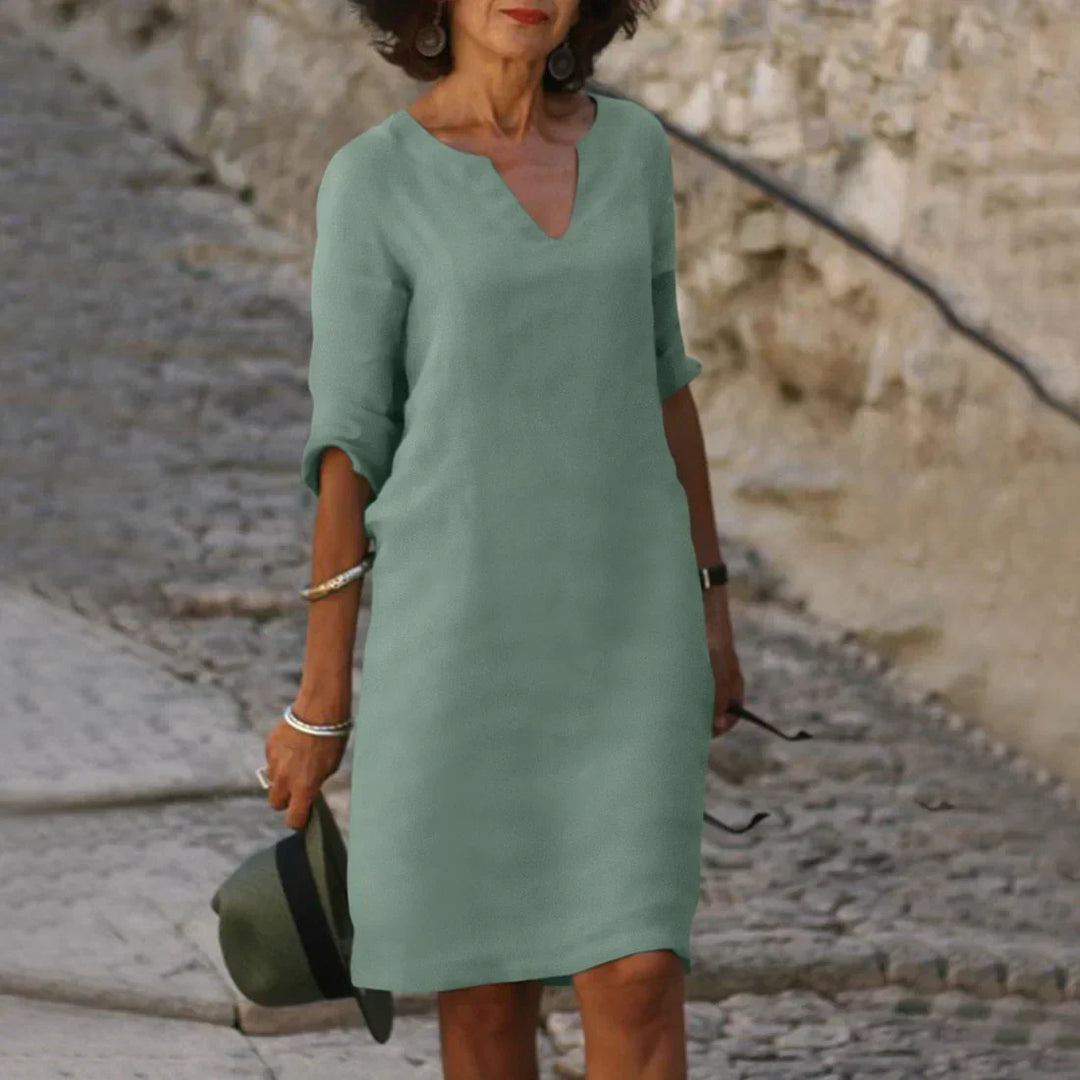 Women’s Elegant V-Neck Knee-Length Dress with 3/4 Sleeves