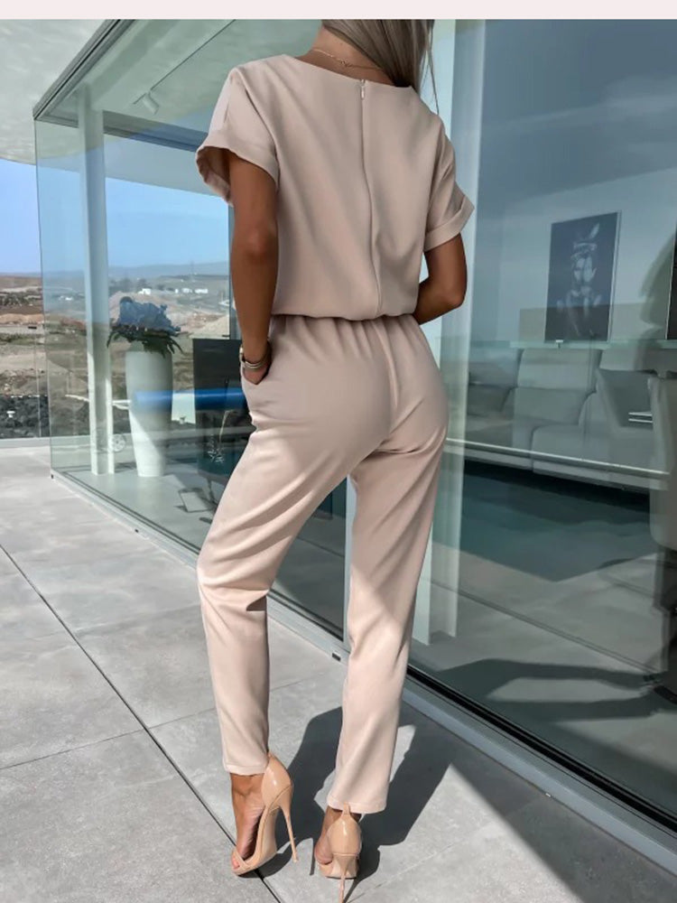 Women’s Elegant Two-Piece Set with Short Sleeve Top and Belted Pants
