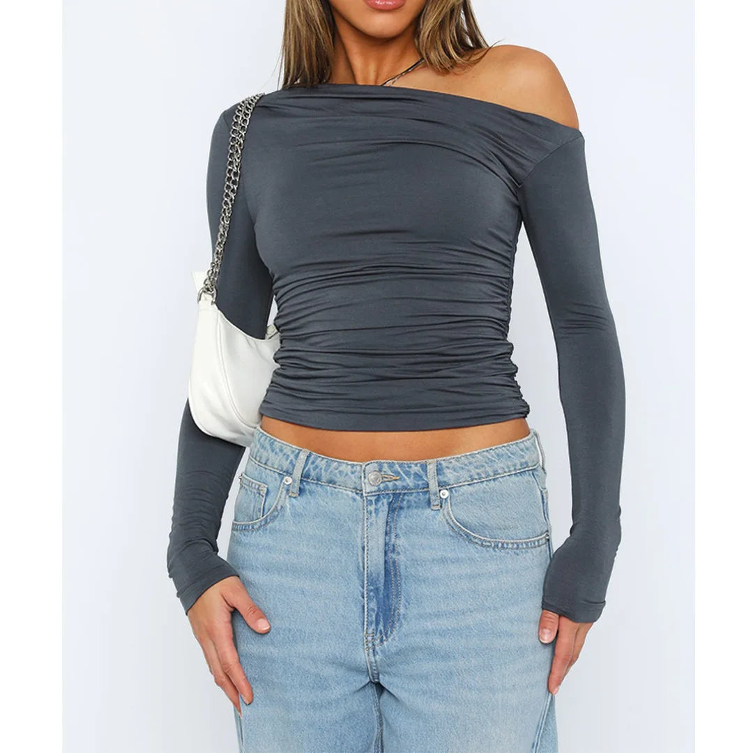 Women’s Off-Shoulder Ruched Long Sleeve Top – Fitted Silhouette