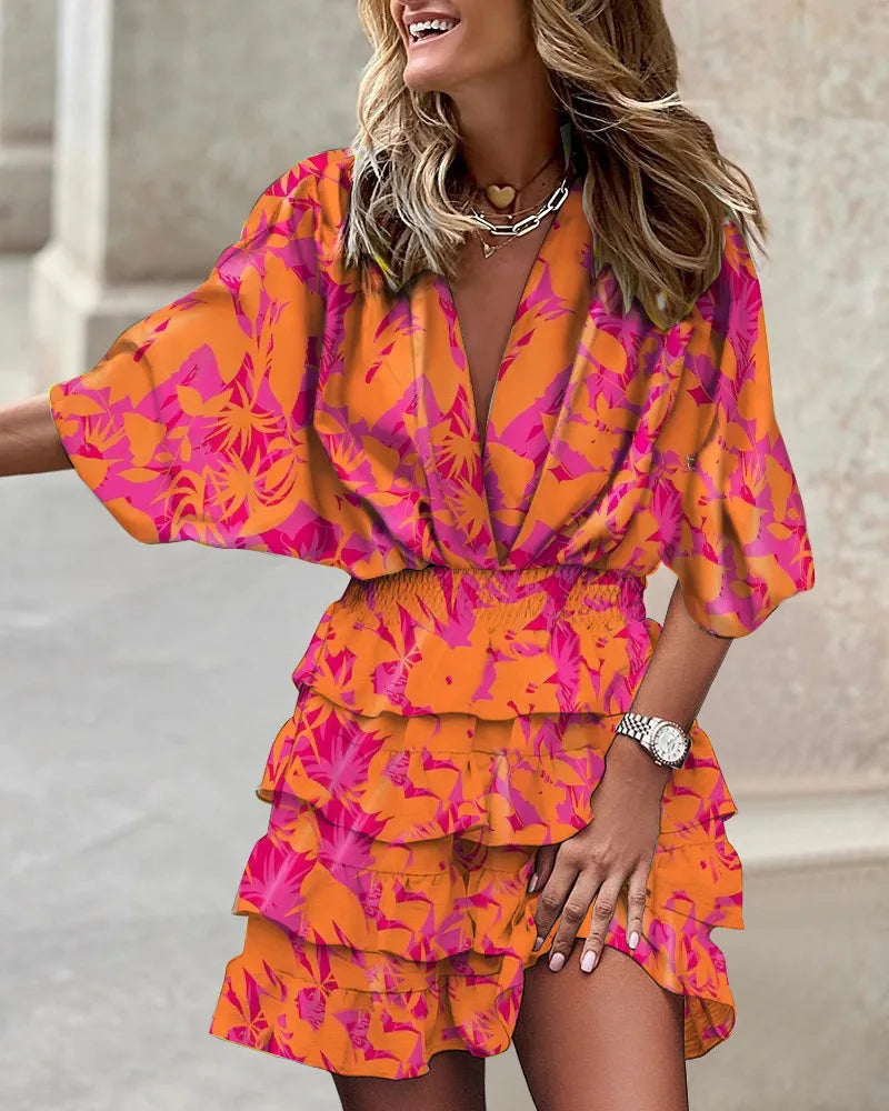Sarah | Women’s Boho Printed Ruffle Mini Dress
