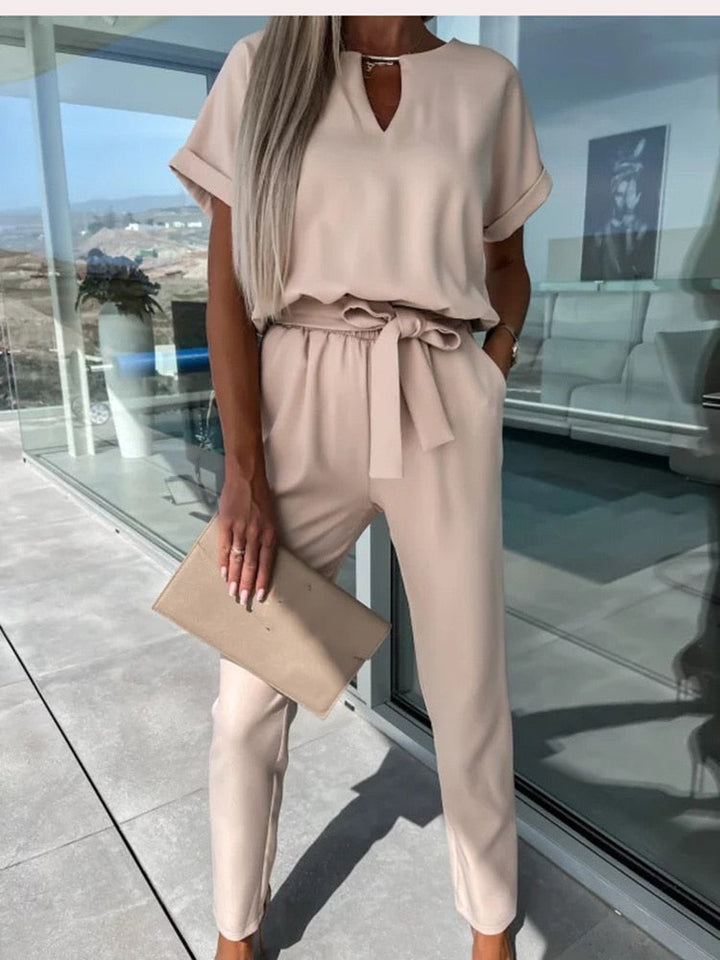 Women’s Elegant Two-Piece Set with Short Sleeve Top and Belted Pants