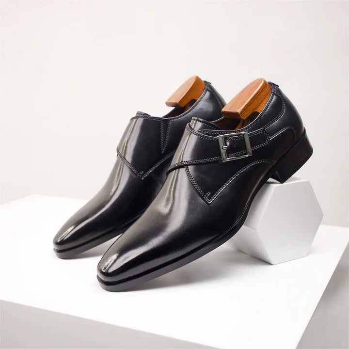 Men's Leather Monk Strap Shoes with Buckle Closure